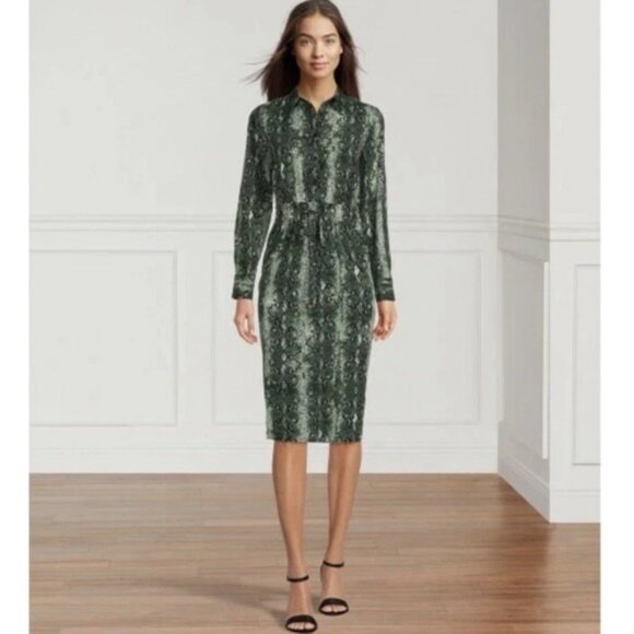 ALEX MARIE Green Snakeskin Midi Shirt Party Dress Drawstring Long Sleeve  Size 12